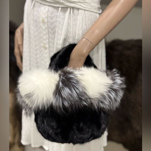 Black & White, Real Mink Fur with Fox Fur Trimming Top Handle & Multi Use Purse - Picture 4 of 16